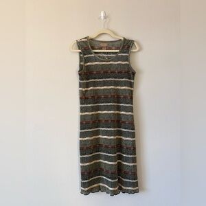 Choices Vintage Olive Striped Midi Tank Dress with Cream & Brown Print Accents